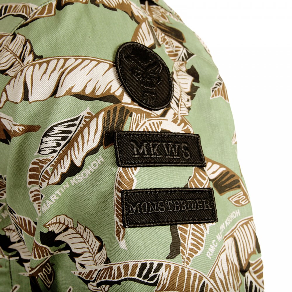Leaf Pattern Green Zip Front Regular Fit Cotton Biker Jacket