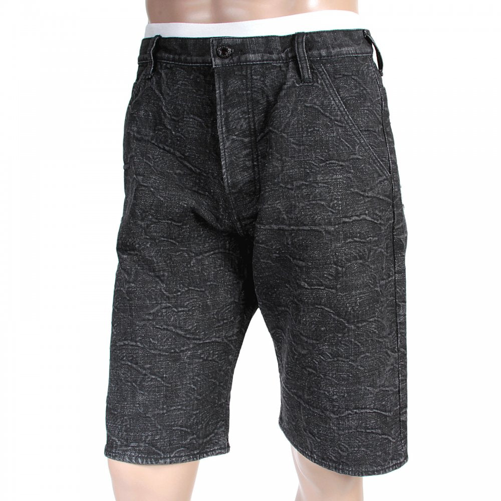 Black Denim Shorts for Men with Black Embroidered Tsunami Waves