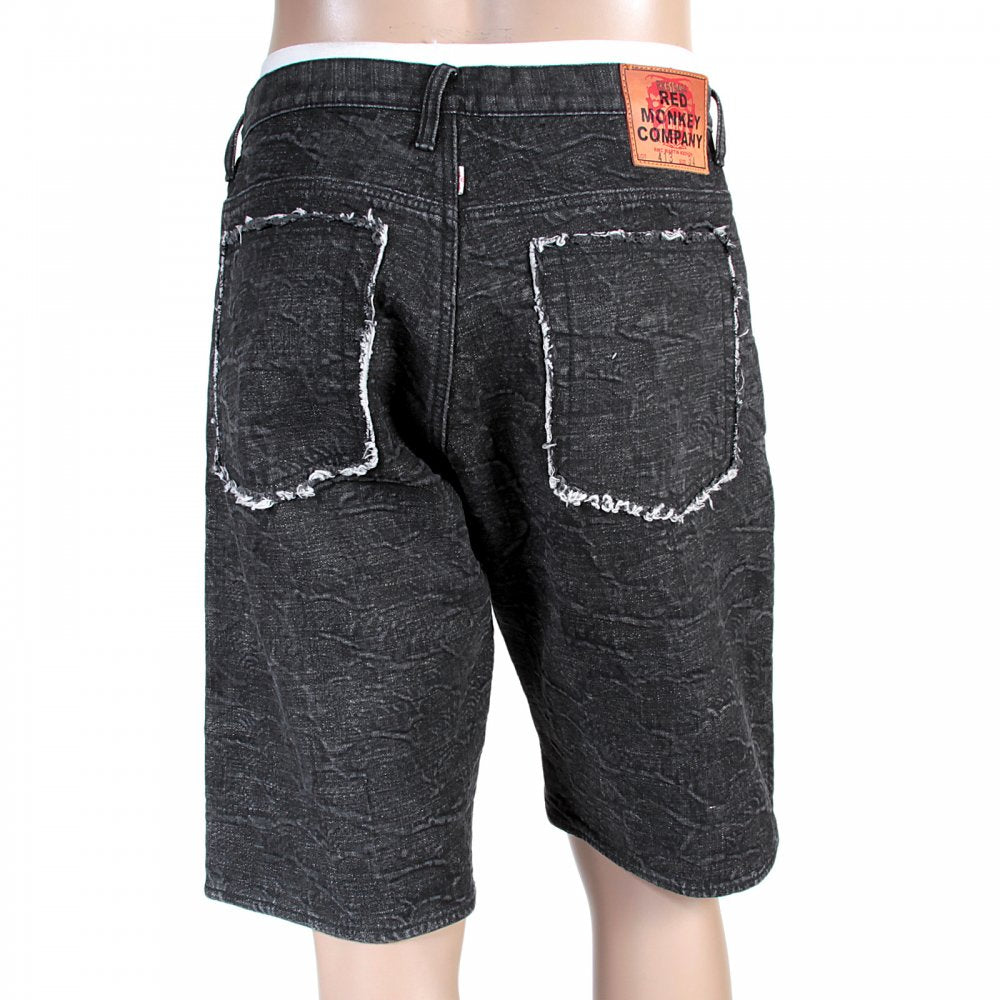 Black Denim Shorts for Men with Black Embroidered Tsunami Waves