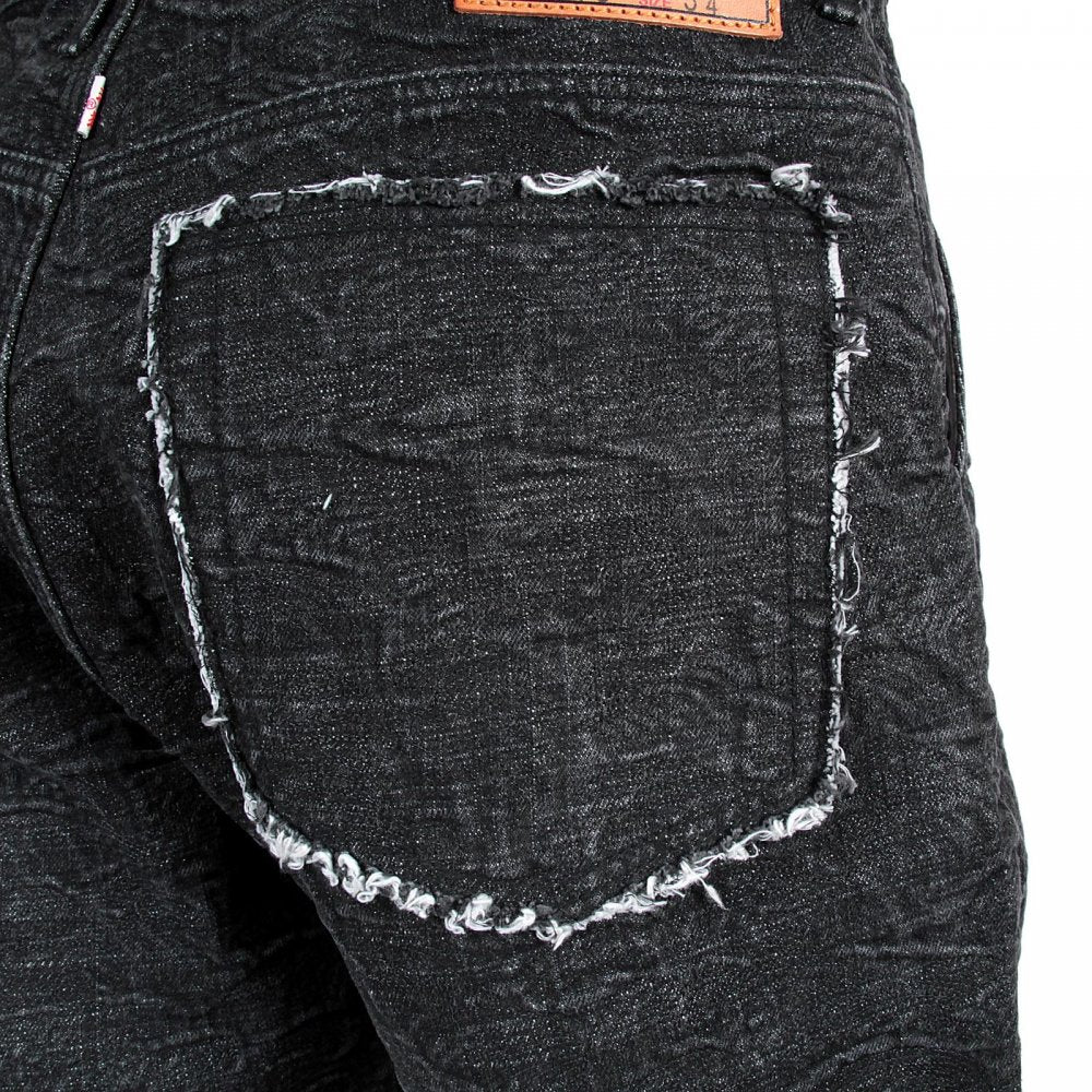 Black Denim Shorts for Men with Black Embroidered Tsunami Waves
