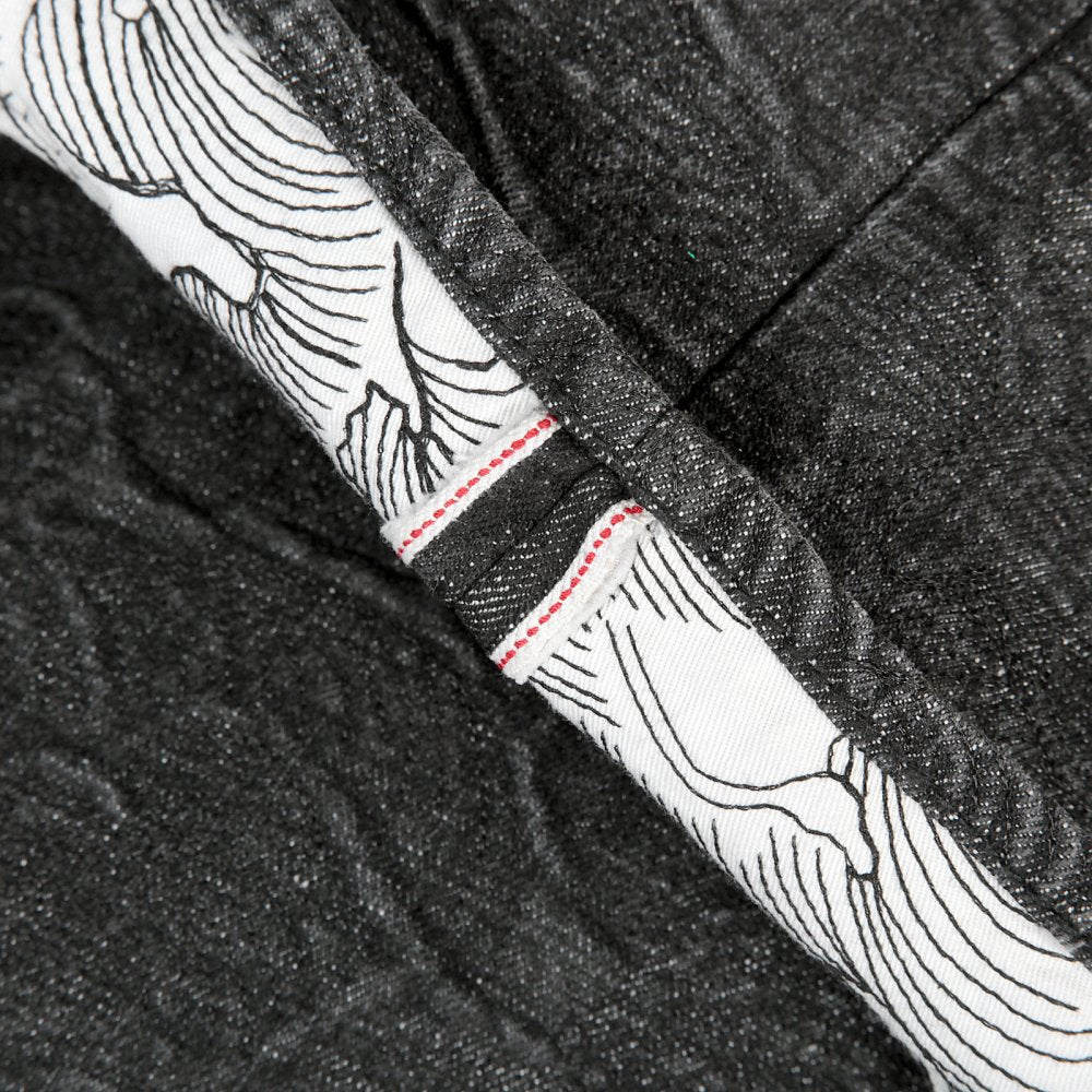 Black Denim Shorts for Men with Black Embroidered Tsunami Waves