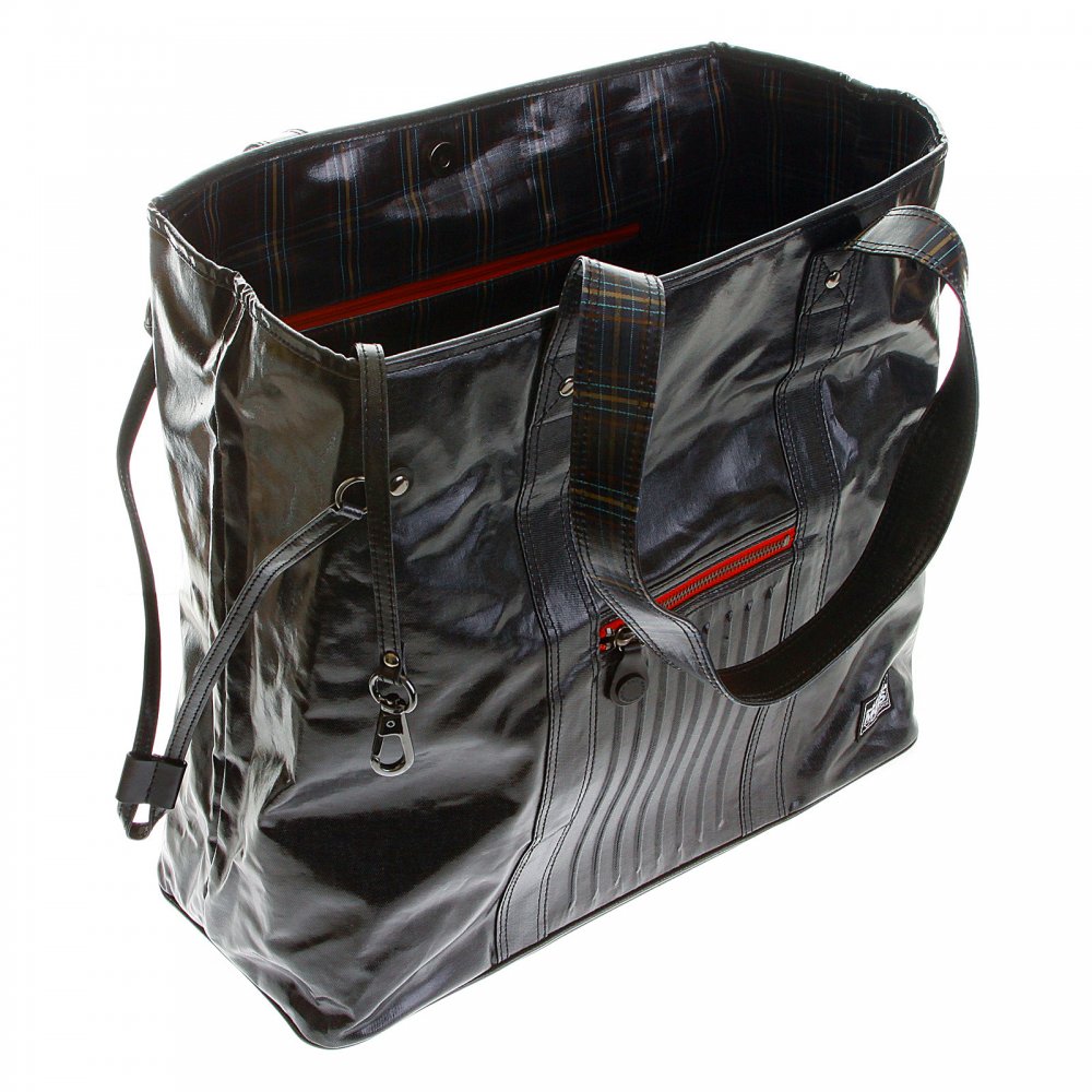 Unisex Coated Denim with Laminated Tartan Lining Shopper Bag