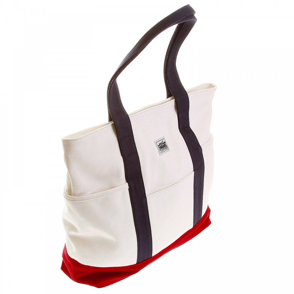 Unisex White Canvas with Red Canvas Base and Navy Canvas Handles Shopper Bag