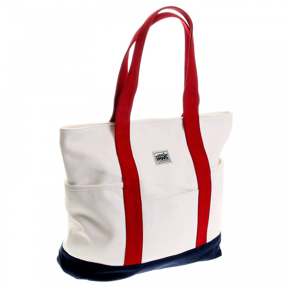 Unisex White Canvas with Navy Canvas Base and Red Canvas Handles Shopper Bag