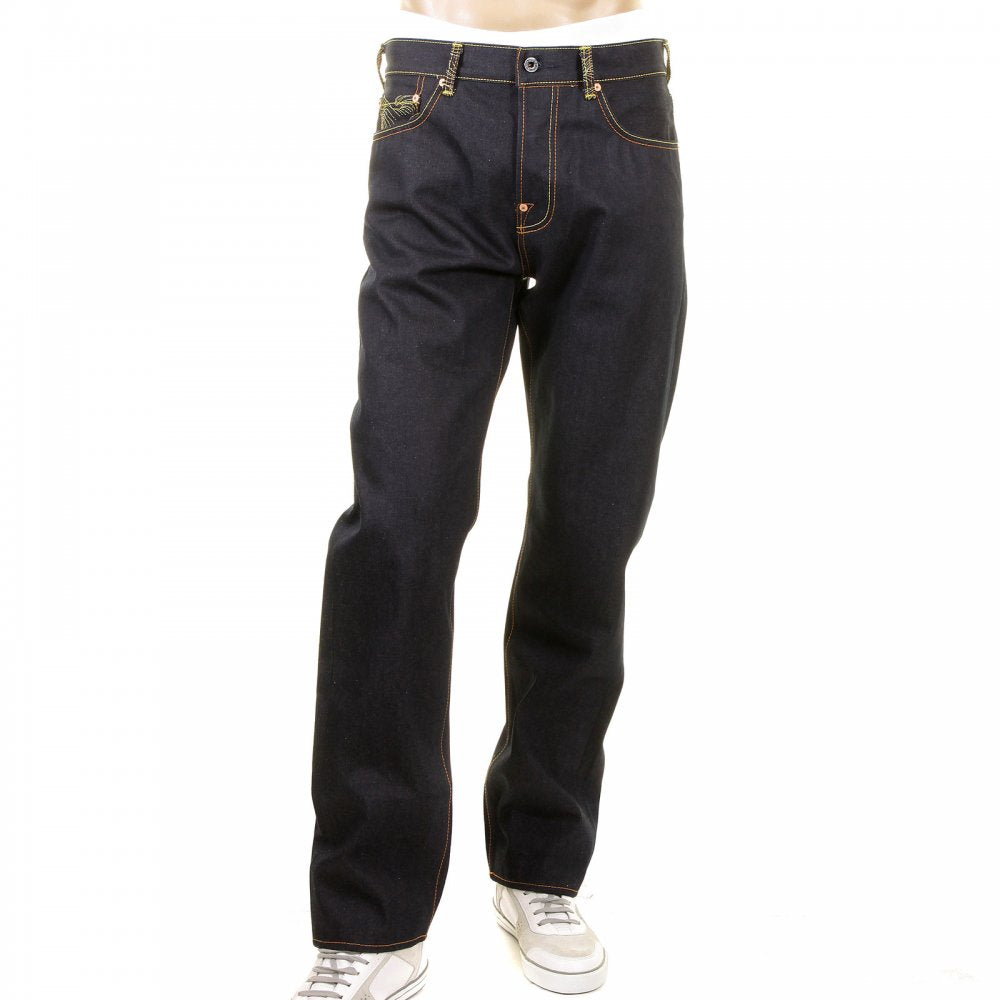 Mens Slim Fit Dark Indigo Raw Jeans with Selvedge Denim