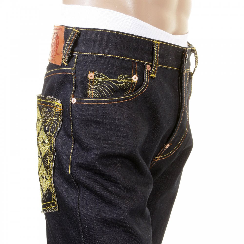 Mens Slim Fit Dark Indigo Raw Jeans with Selvedge Denim