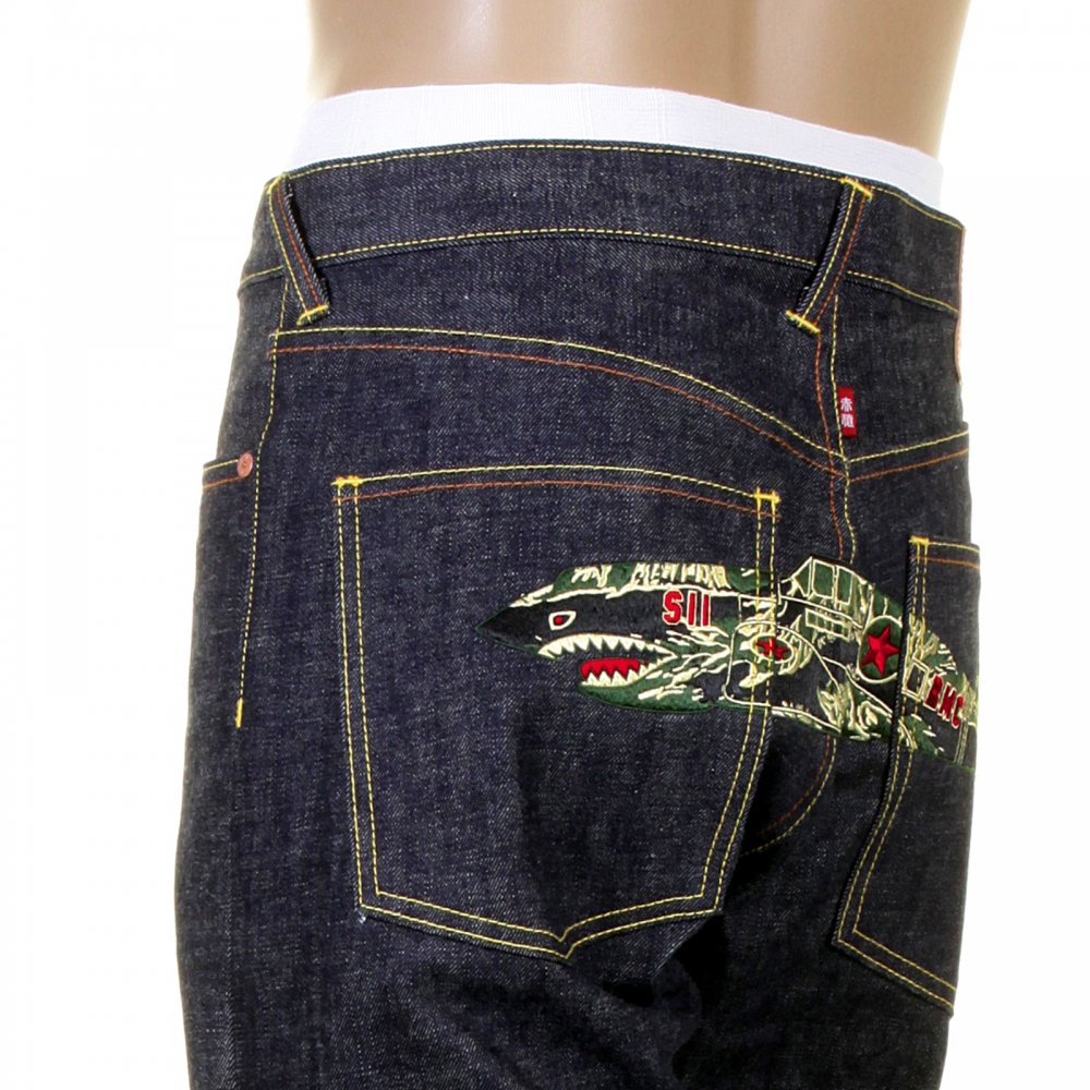 Super Exclusive Tiger Camo Plane Design Indigo Raw Denim Slim Cut Jeans