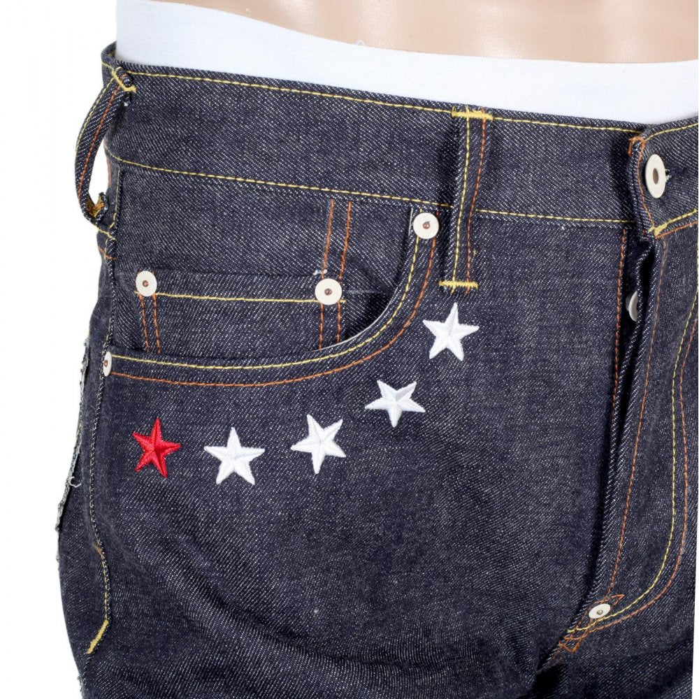 4A Version 1 White Embroidered Indigo Japanese Selvedge Denim Jeans with White Embroidery