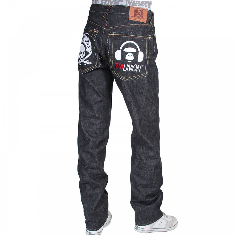 Genuine Super Exclusive Slim Indigo Raw Selvedge Denim Jeans with Embroidered Like Black Monsterider FM Union