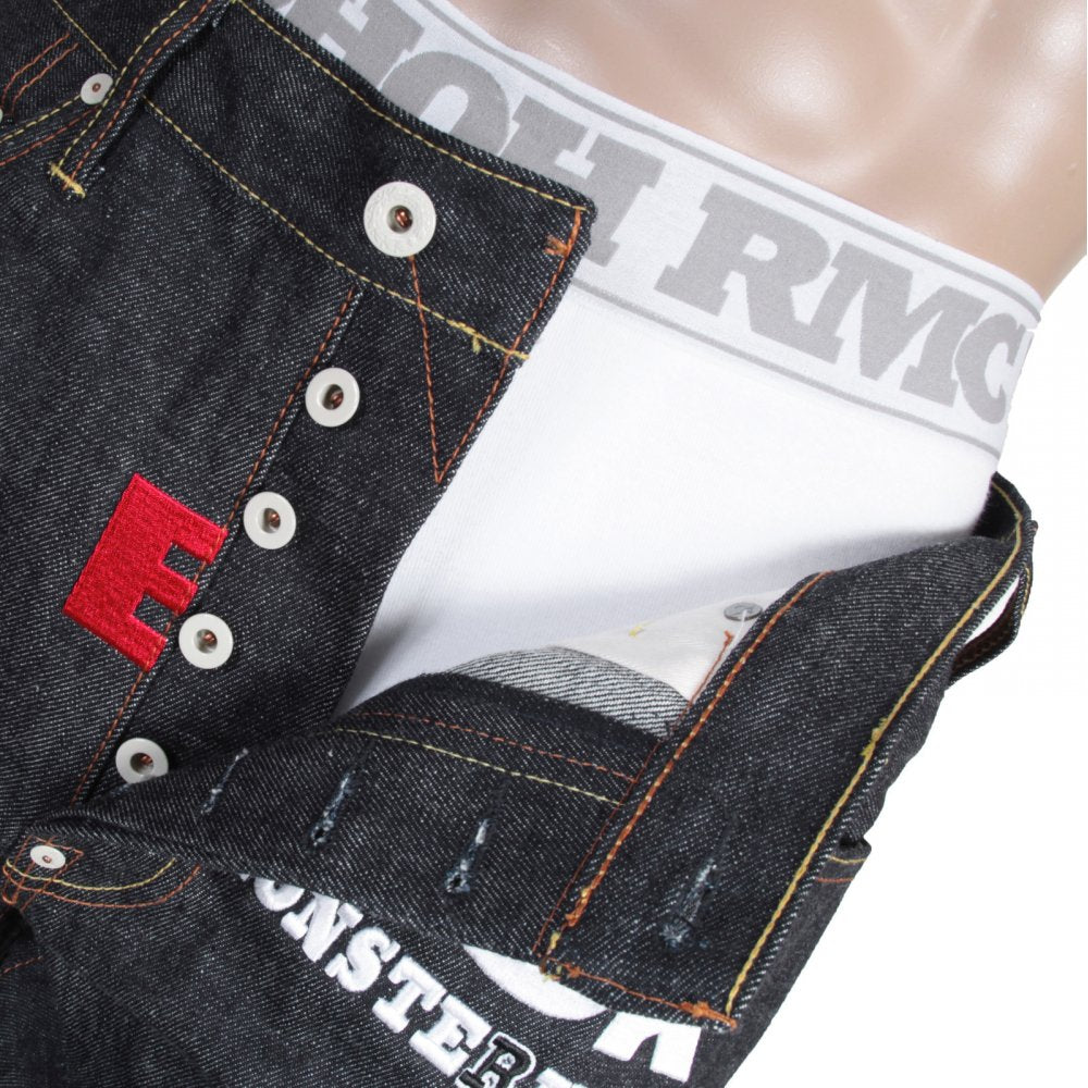 Genuine Super Exclusive Slim Indigo Raw Selvedge Denim Jeans with Embroidered Like Black Monsterider FM Union