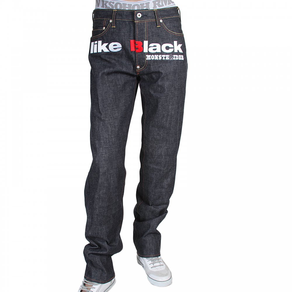 Genuine Super Exclusive Slim Indigo Raw Selvedge Denim Jeans with Embroidered Like Black Monsterider FM Union