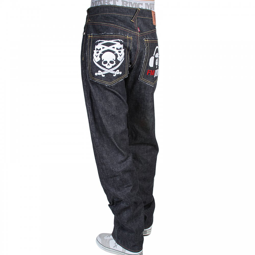 Genuine Super Exclusive Slim Indigo Raw Selvedge Denim Jeans with Embroidered Like Black Monsterider FM Union