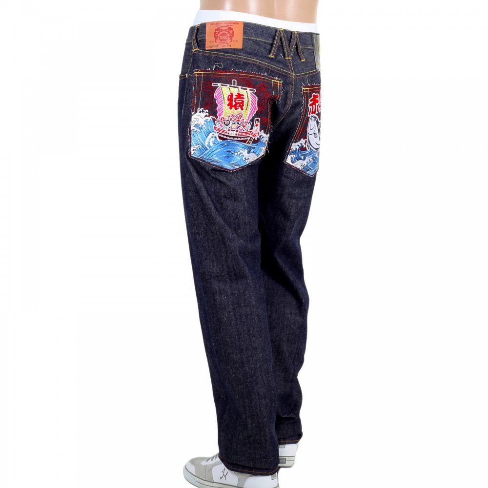 Yoropiko Collaboration Japanese Raw Indigo Denim Jeans with Fish and Ship Embroidery