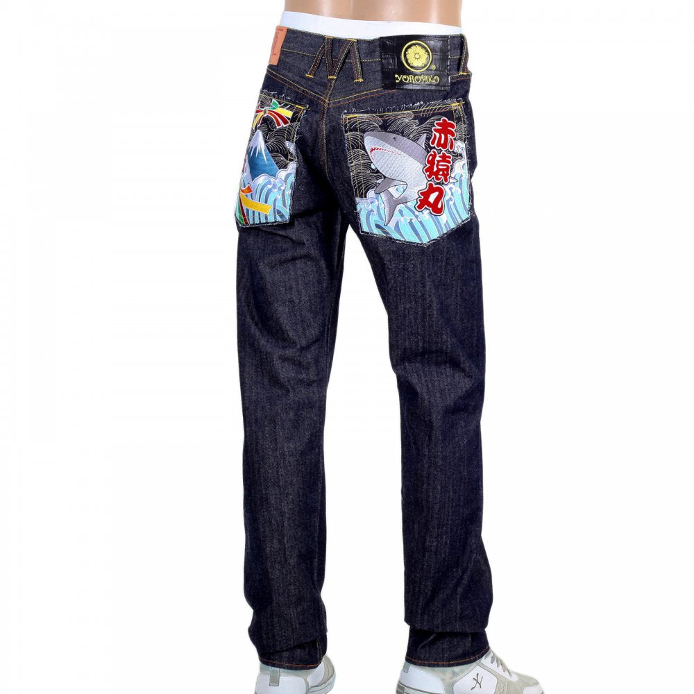 Indigo Raw Japanese Selvedge Denim Jeans with Embroidered Fuji Mountain and Shark