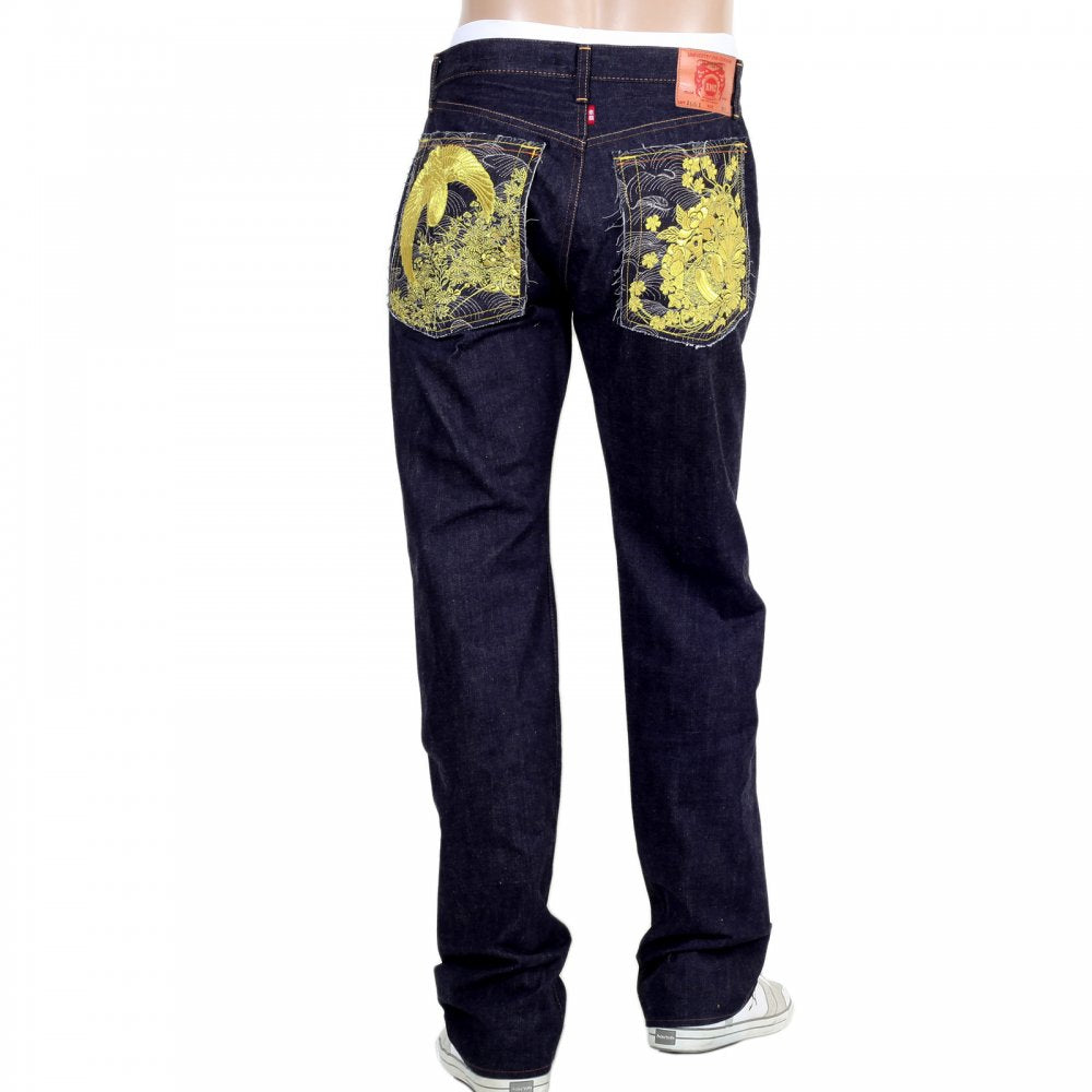 Regular Classic Slim Model Selvedge Indigo Raw Denim Jeans with Gold Thread Crane and Flower Embroidery