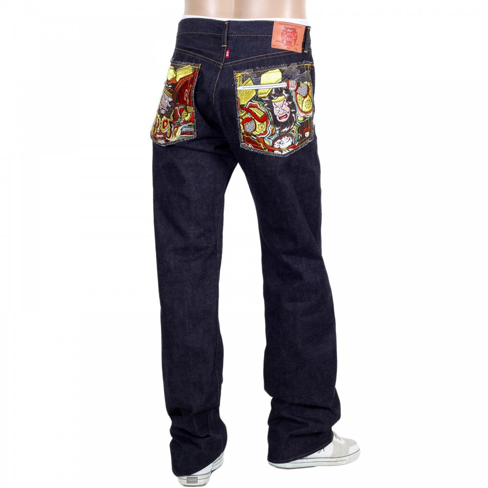 Indigo Japanese Selvedge Denim Jeans with Embroidered Warriors
