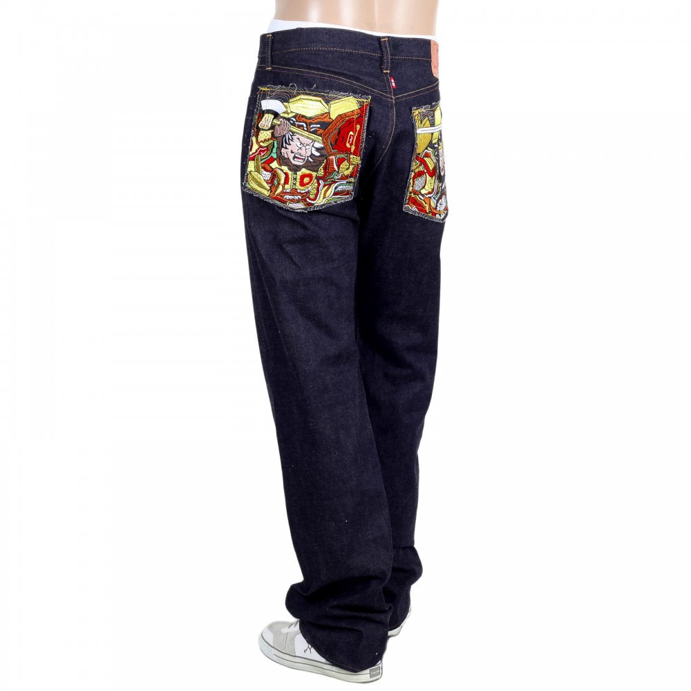 Indigo Japanese Selvedge Denim Jeans with Embroidered Warriors