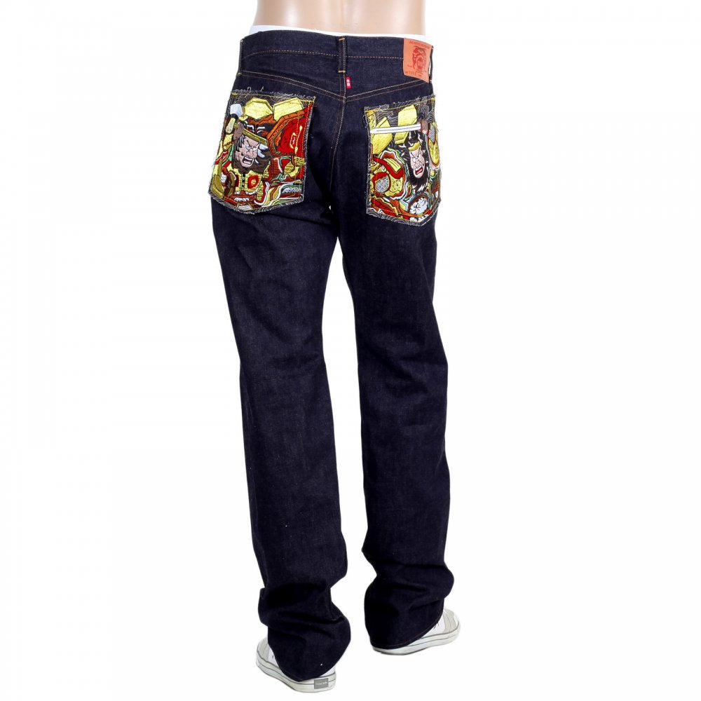 Indigo Japanese Selvedge Denim Jeans with Embroidered Warriors