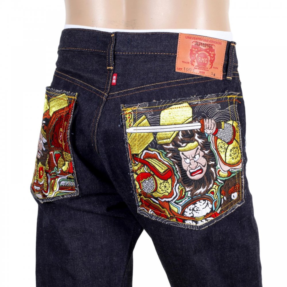 Indigo Japanese Selvedge Denim Jeans with Embroidered Warriors