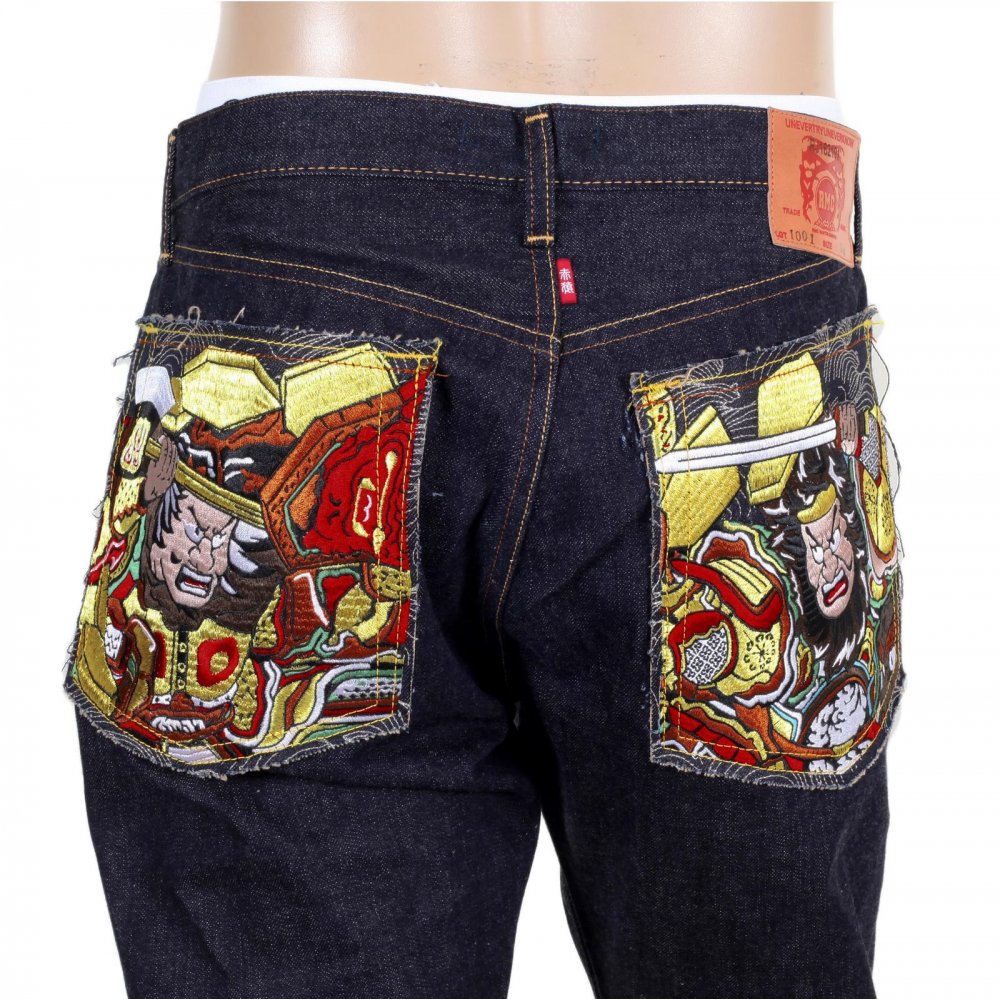 Indigo Japanese Selvedge Denim Jeans with Embroidered Warriors