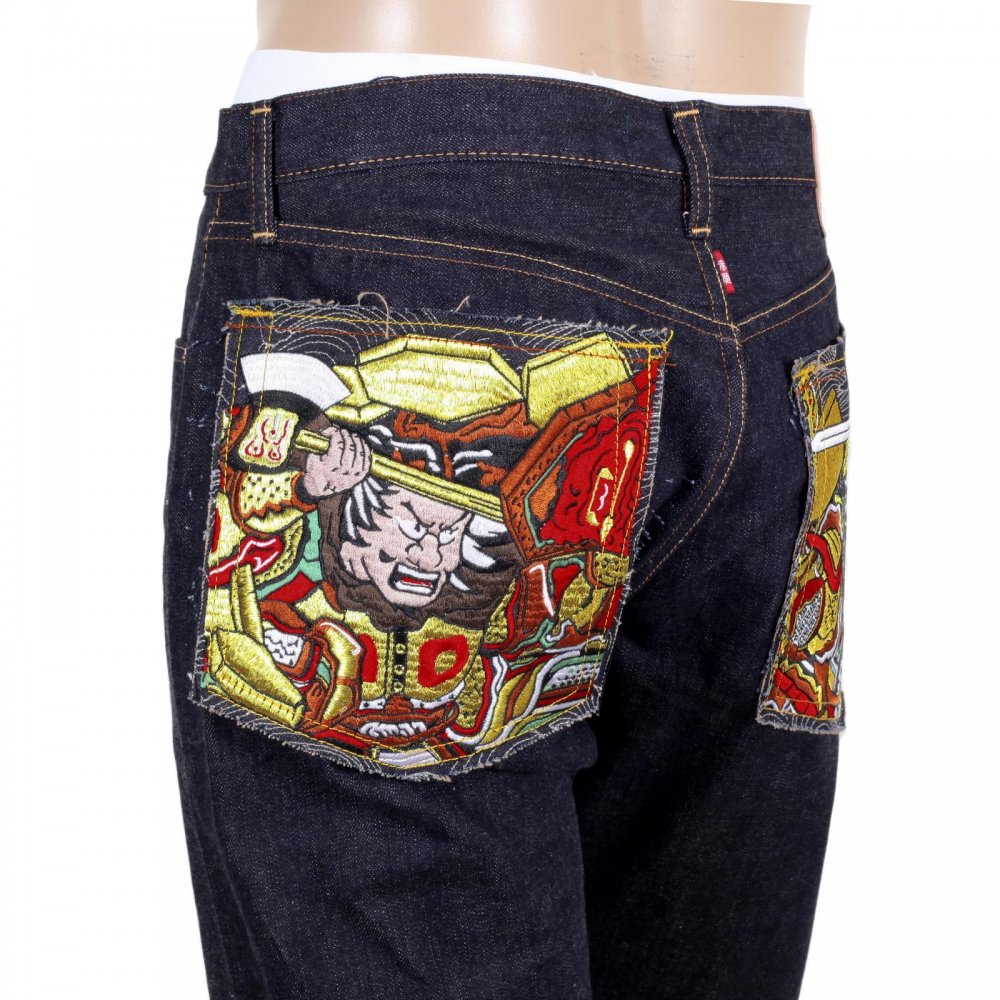 Indigo Japanese Selvedge Denim Jeans with Embroidered Warriors