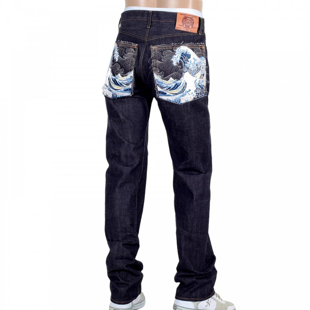Mens Indigo Japanese Selvedge Rinsed Denim Jean with Embroidered Toyo Tsunami
