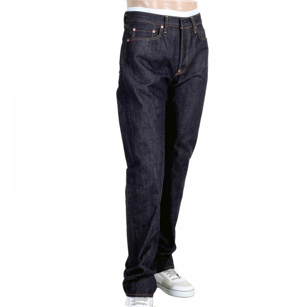 Mens Indigo Japanese Selvedge Rinsed Denim Jean with Embroidered Toyo Tsunami