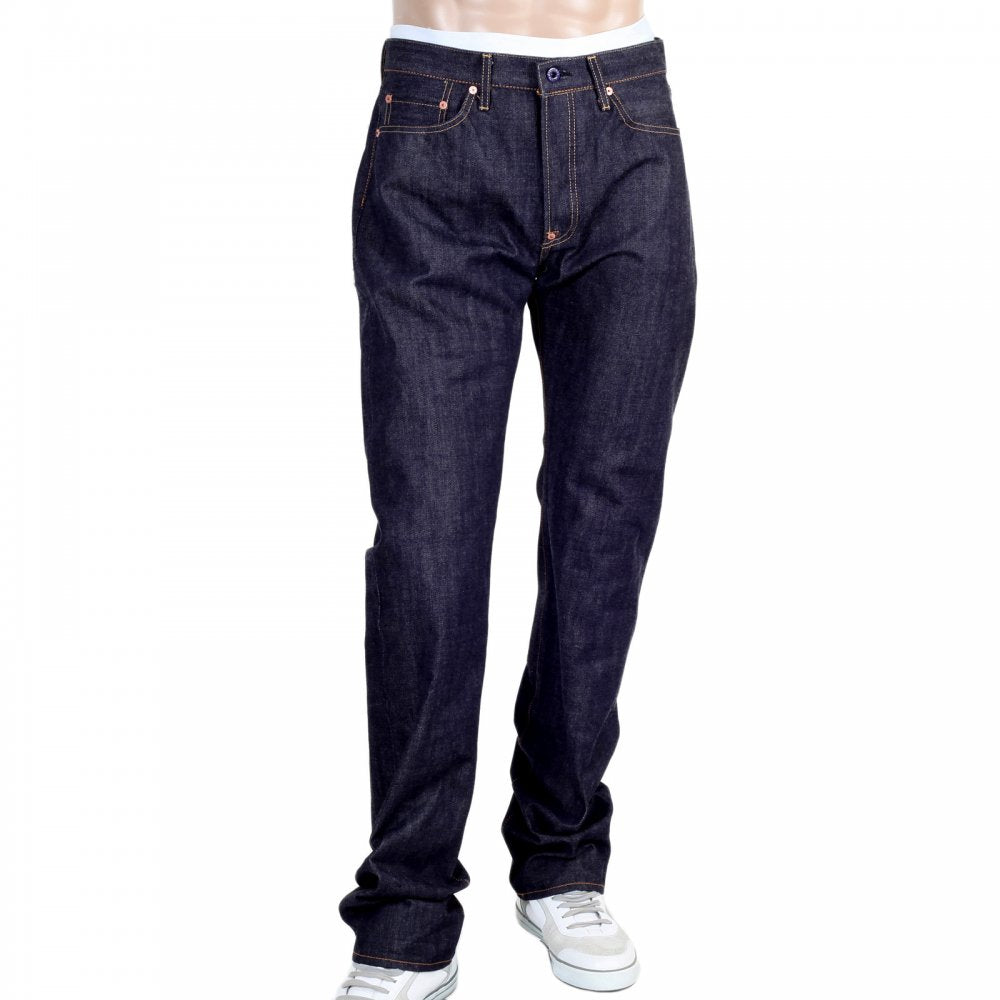 Mens Indigo Japanese Selvedge Rinsed Denim Jean with Embroidered Toyo Tsunami