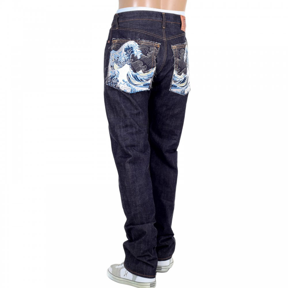 Mens Indigo Japanese Selvedge Rinsed Denim Jean with Embroidered Toyo Tsunami