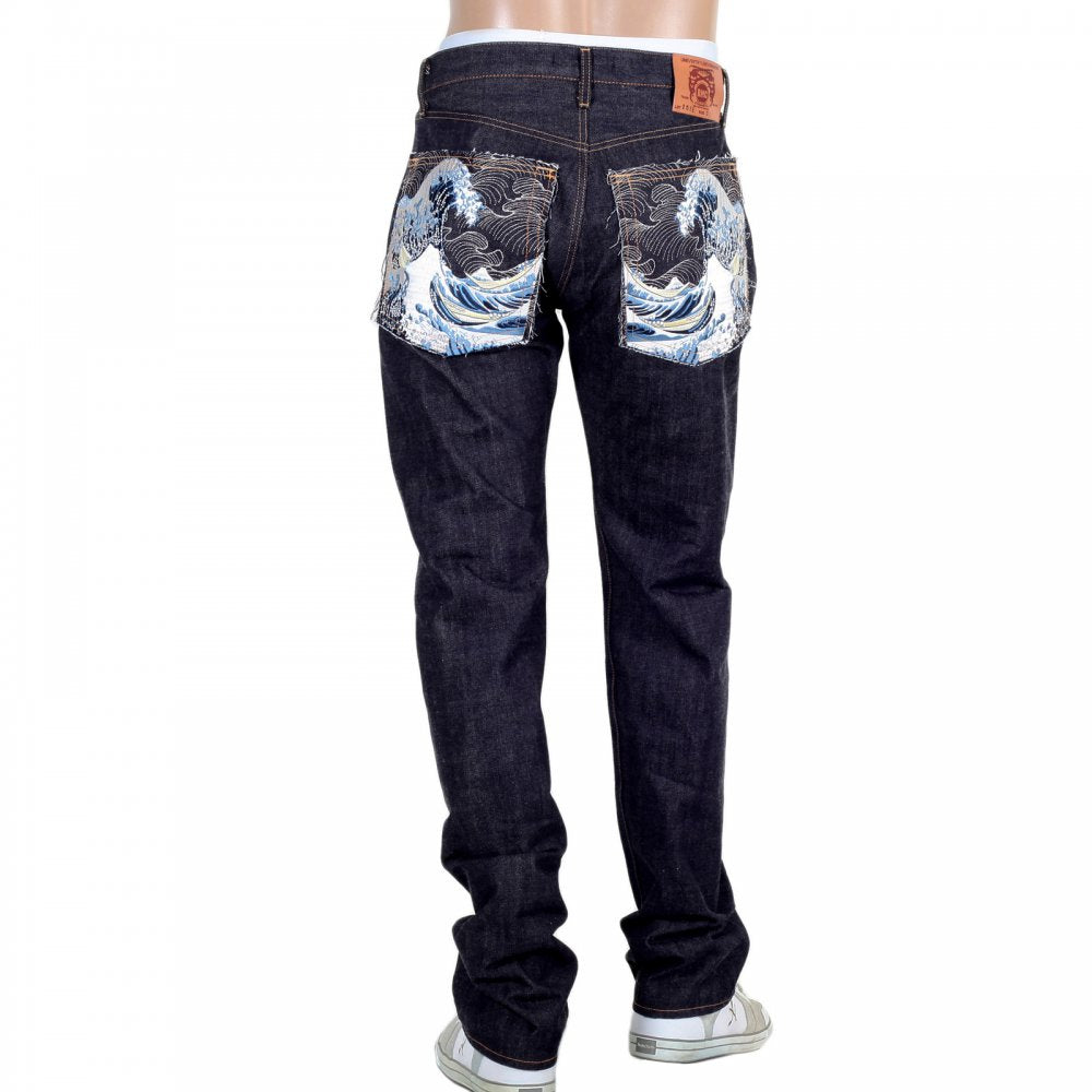 Mens Indigo Japanese Selvedge Rinsed Denim Jean with Embroidered Toyo Tsunami