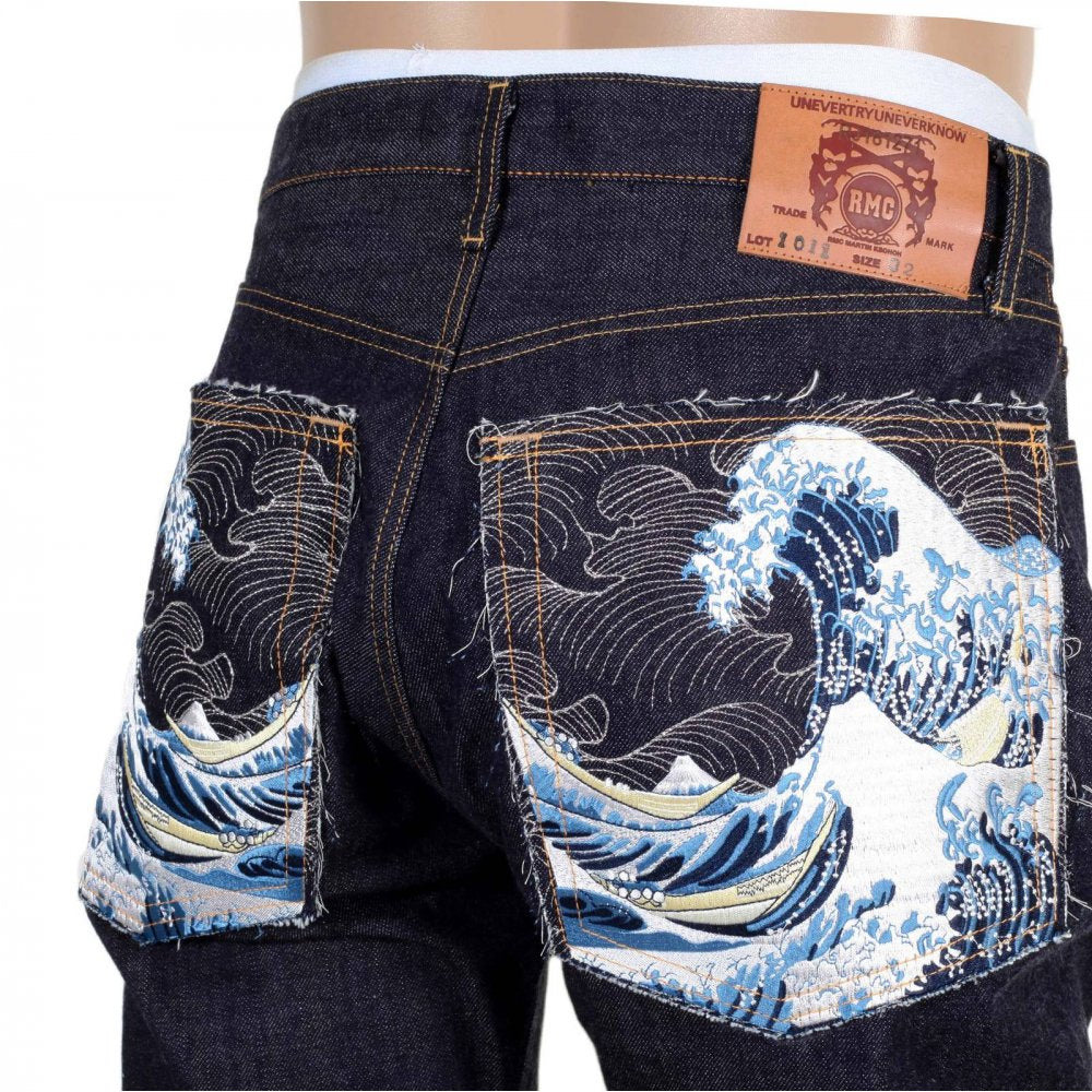 Mens Indigo Japanese Selvedge Rinsed Denim Jean with Embroidered Toyo Tsunami