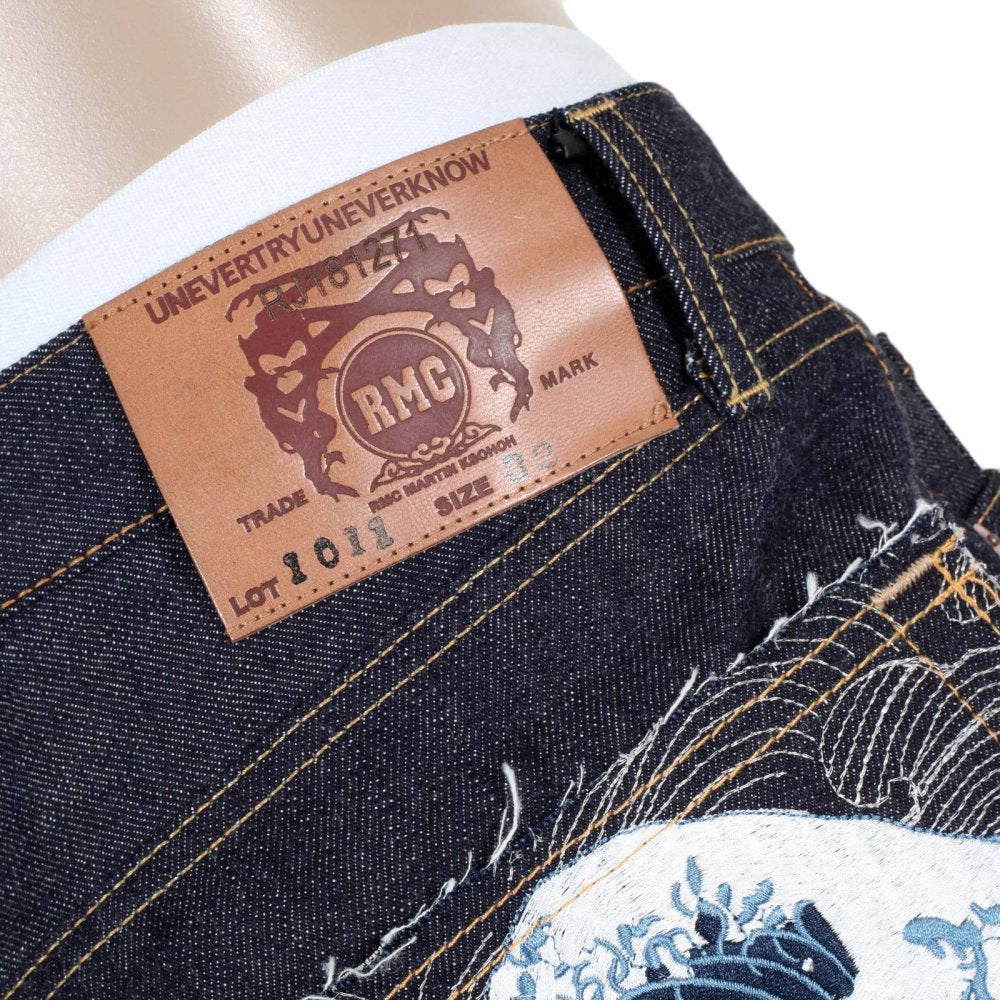 Mens Indigo Japanese Selvedge Rinsed Denim Jean with Embroidered Toyo Tsunami