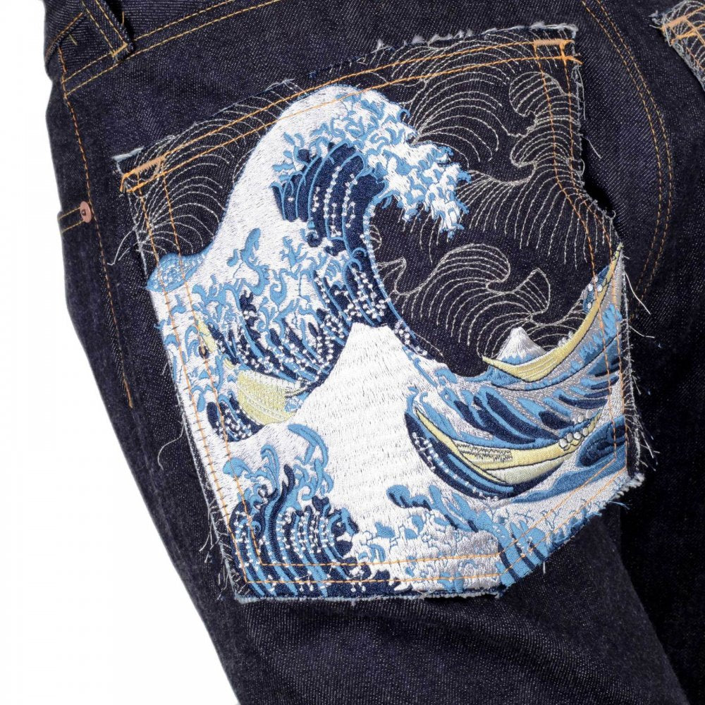Mens Indigo Japanese Selvedge Rinsed Denim Jean with Embroidered Toyo Tsunami