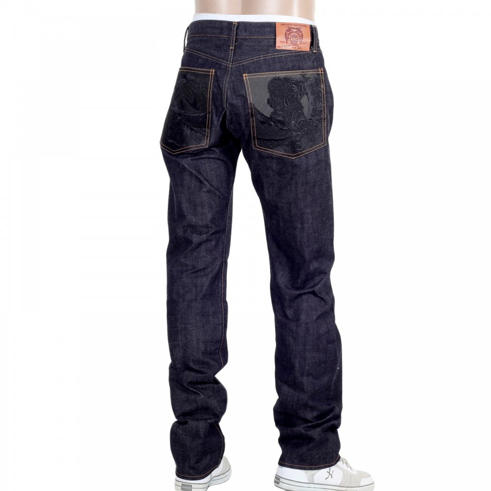 Slimmer Cut Indigo Raw Denim Selvedge Jeans for Men with Black Bushi Embroidery