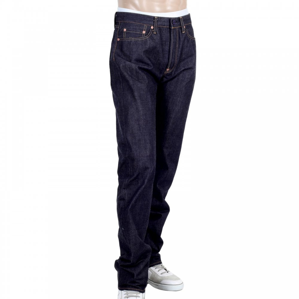 Slimmer Cut Indigo Raw Denim Selvedge Jeans for Men with Black Bushi Embroidery