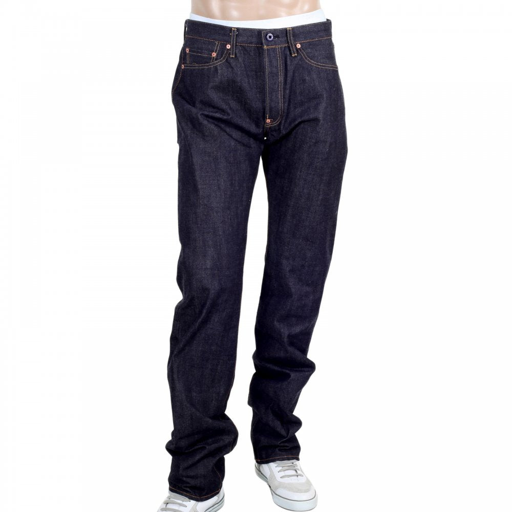 Slimmer Cut Indigo Raw Denim Selvedge Jeans for Men with Black Bushi Embroidery