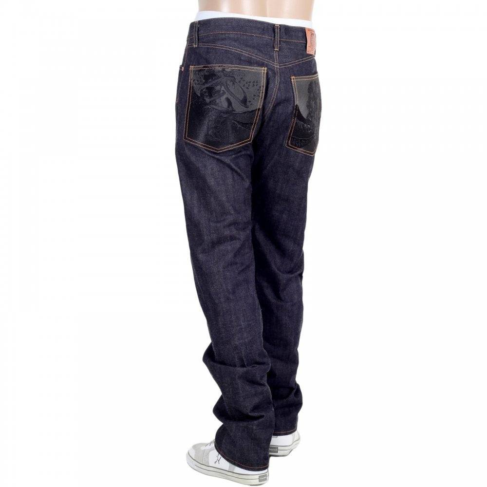Slimmer Cut Indigo Raw Denim Selvedge Jeans for Men with Black Bushi Embroidery