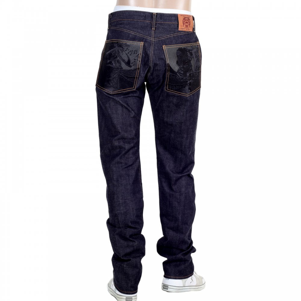 Slimmer Cut Indigo Raw Denim Selvedge Jeans for Men with Black Bushi Embroidery