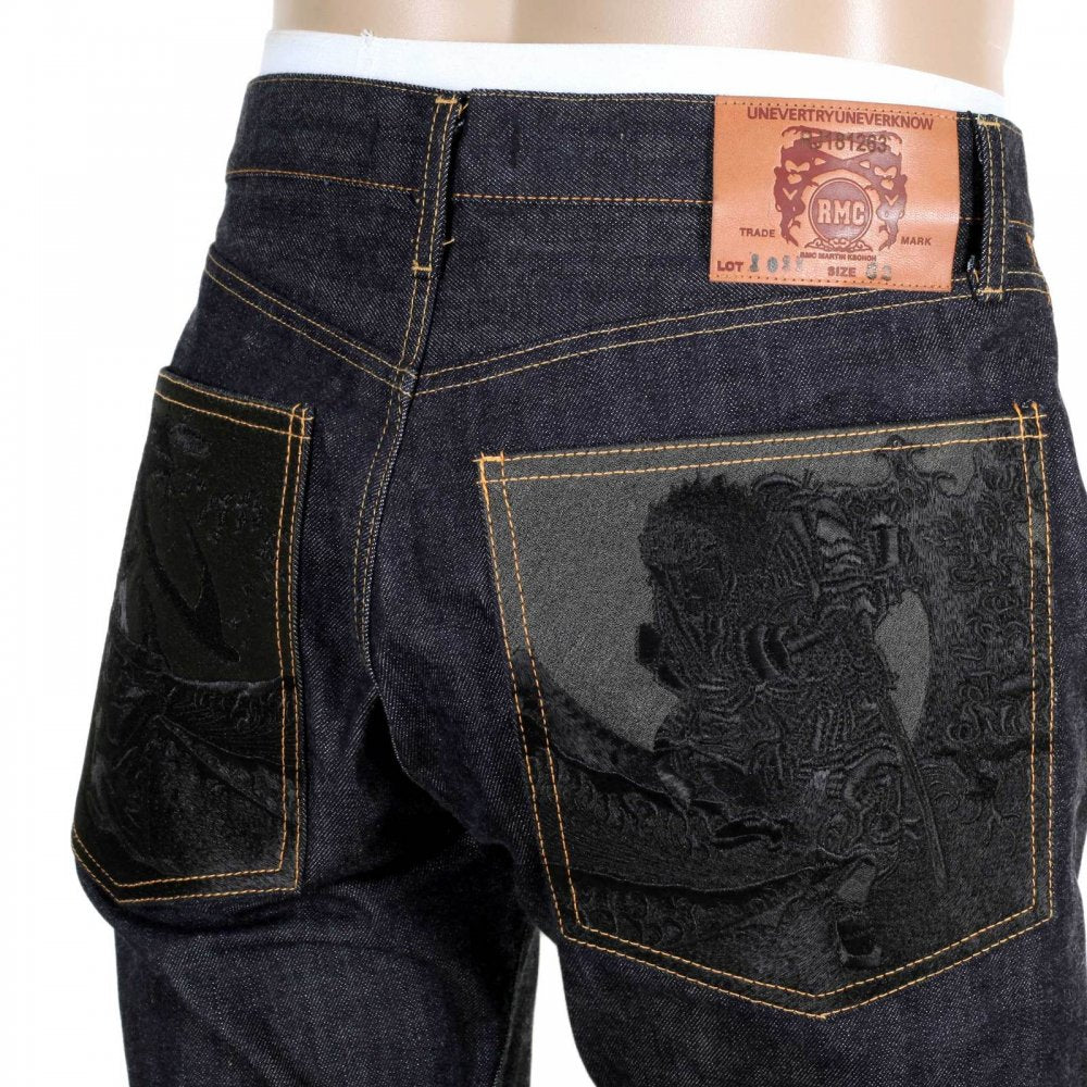 Slimmer Cut Indigo Raw Denim Selvedge Jeans for Men with Black Bushi Embroidery