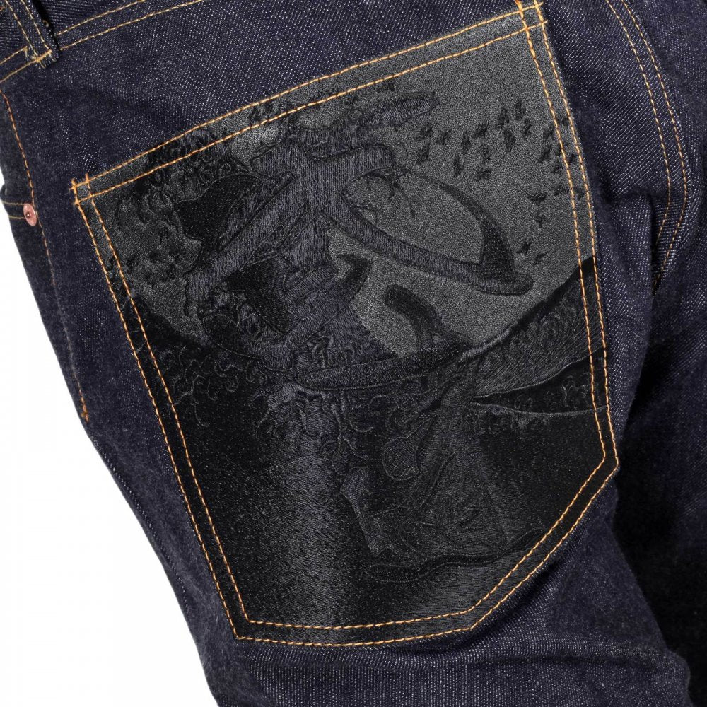 Slimmer Cut Indigo Raw Denim Selvedge Jeans for Men with Black Bushi Embroidery