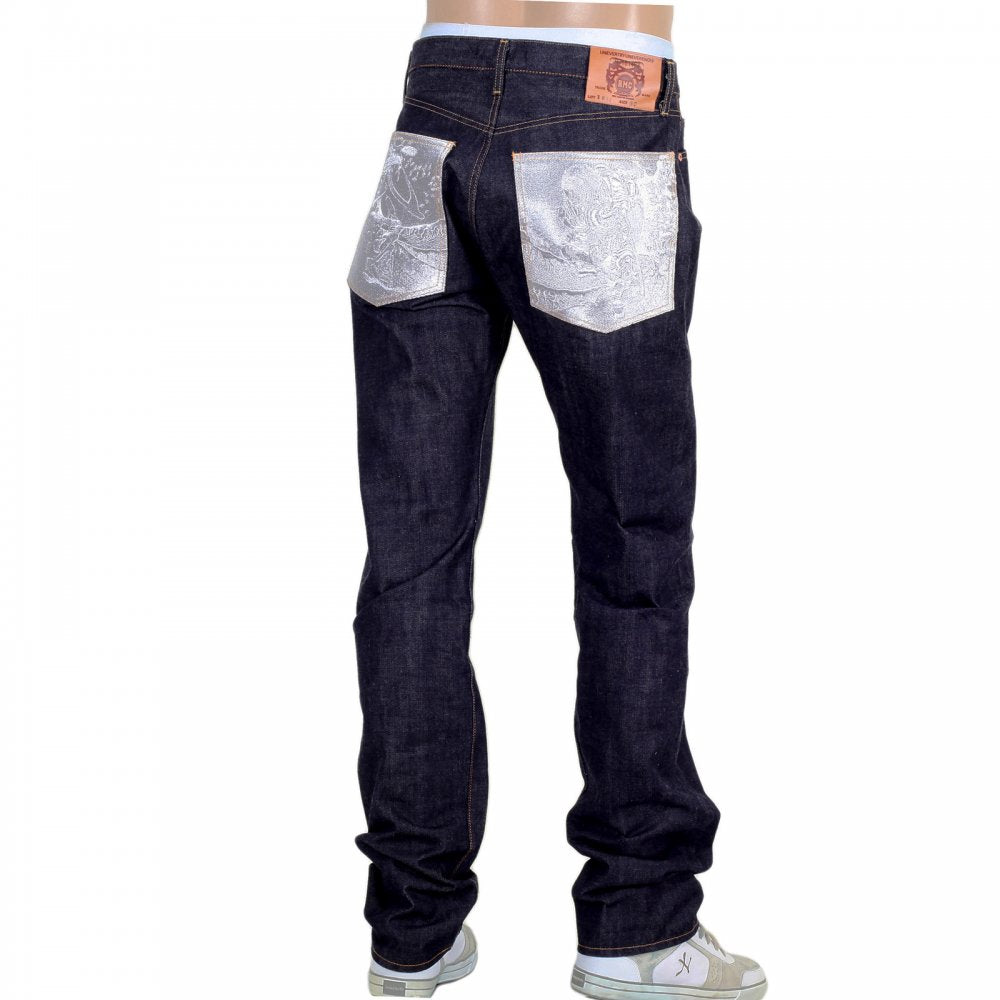 Mens Slimmer Cut Indigo Raw Selvedge Japanese Denim Jeans with Silver Bushi Embroidery