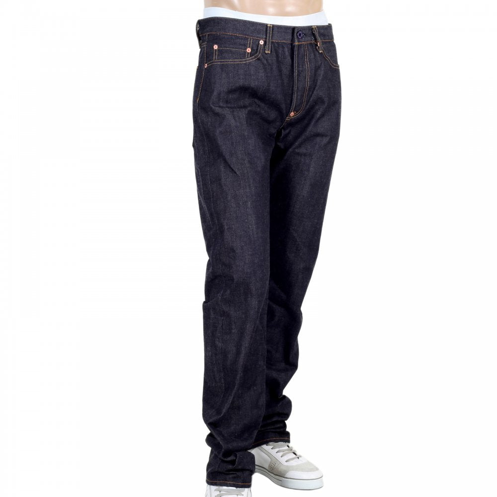 Mens Slimmer Cut Indigo Raw Selvedge Japanese Denim Jeans with Silver Bushi Embroidery