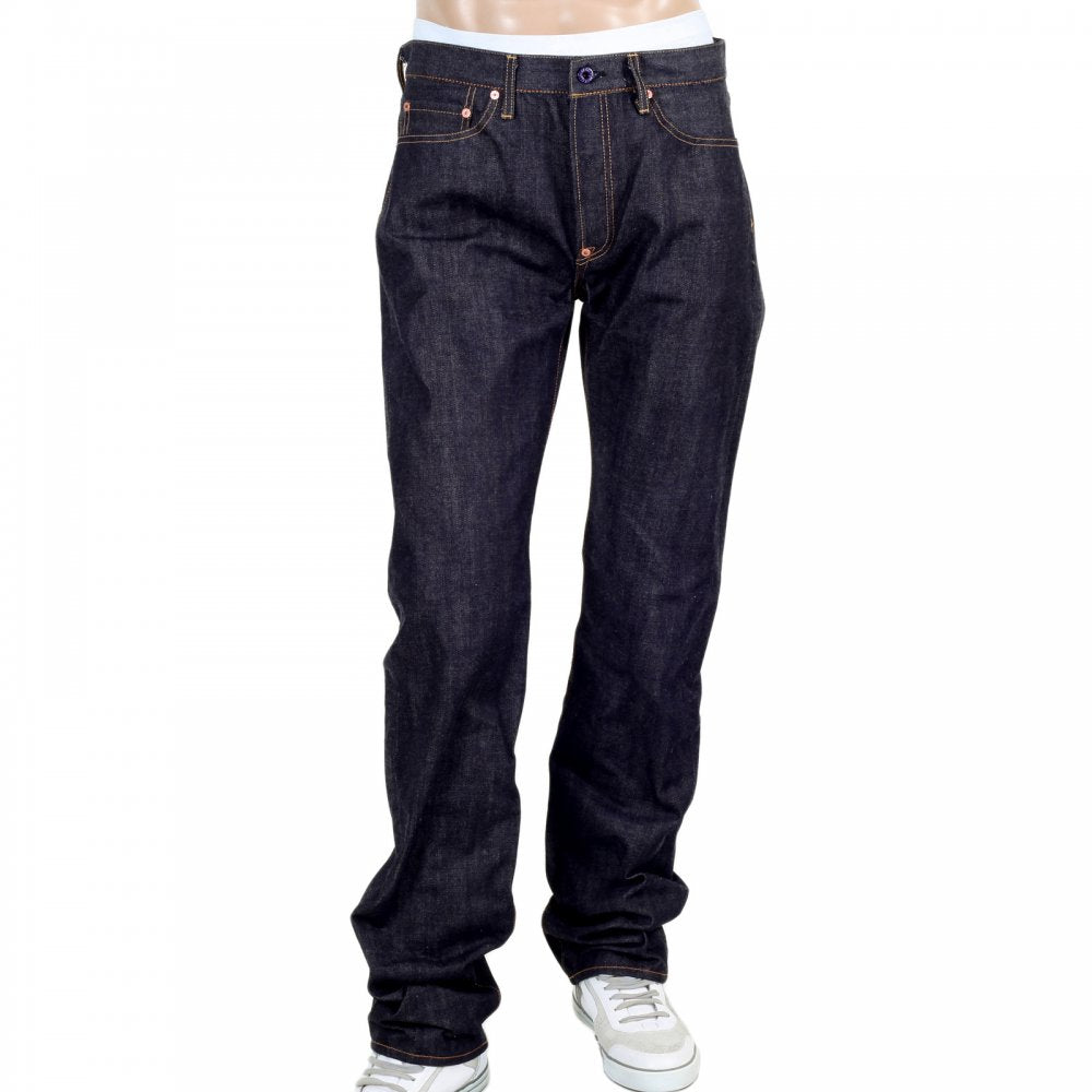 Mens Slimmer Cut Indigo Raw Selvedge Japanese Denim Jeans with Silver Bushi Embroidery