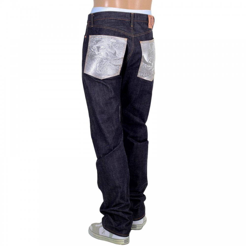 Mens Slimmer Cut Indigo Raw Selvedge Japanese Denim Jeans with Silver Bushi Embroidery