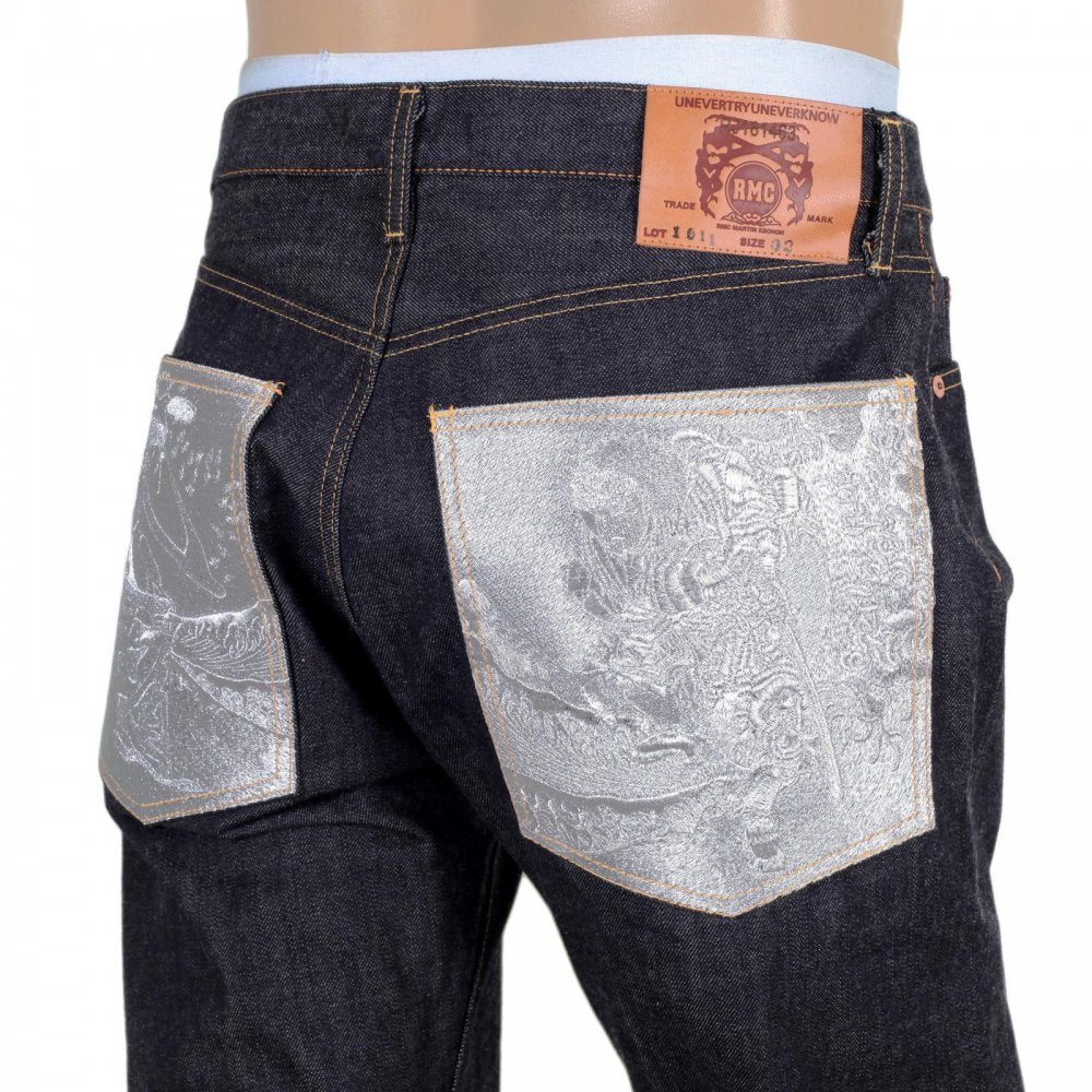 Mens Slimmer Cut Indigo Raw Selvedge Japanese Denim Jeans with Silver Bushi Embroidery