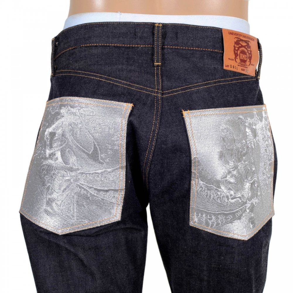 Mens Slimmer Cut Indigo Raw Selvedge Japanese Denim Jeans with Silver Bushi Embroidery