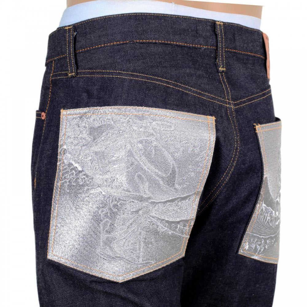 Mens Slimmer Cut Indigo Raw Selvedge Japanese Denim Jeans with Silver Bushi Embroidery