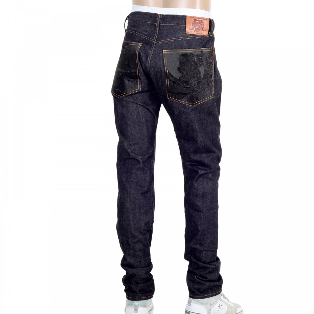 Slim Model Indigo Raw Selvedge Denim Jeans with Black Bushi Embroidery