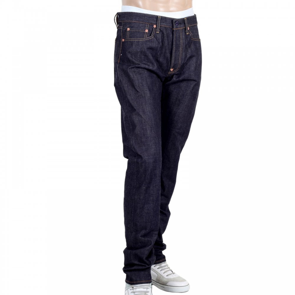 Slim Model Indigo Raw Selvedge Denim Jeans with Black Bushi Embroidery