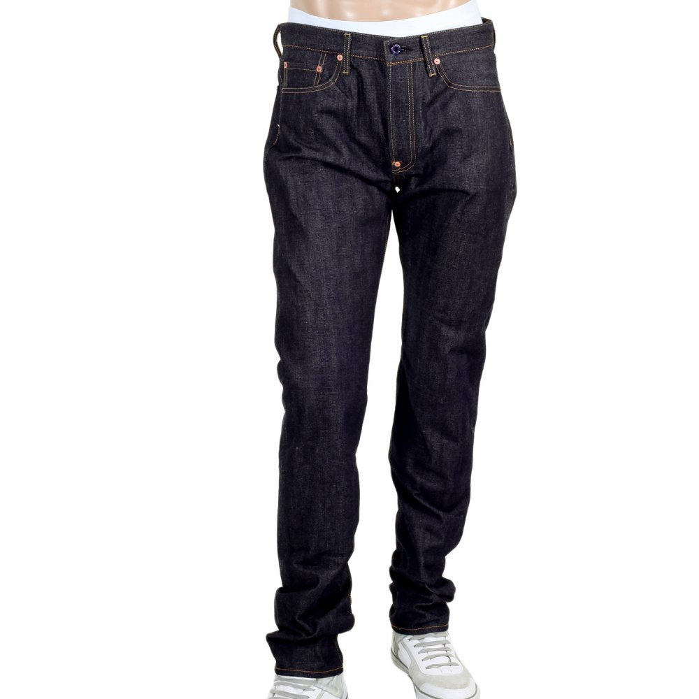 Slim Model Indigo Raw Selvedge Denim Jeans with Black Bushi Embroidery